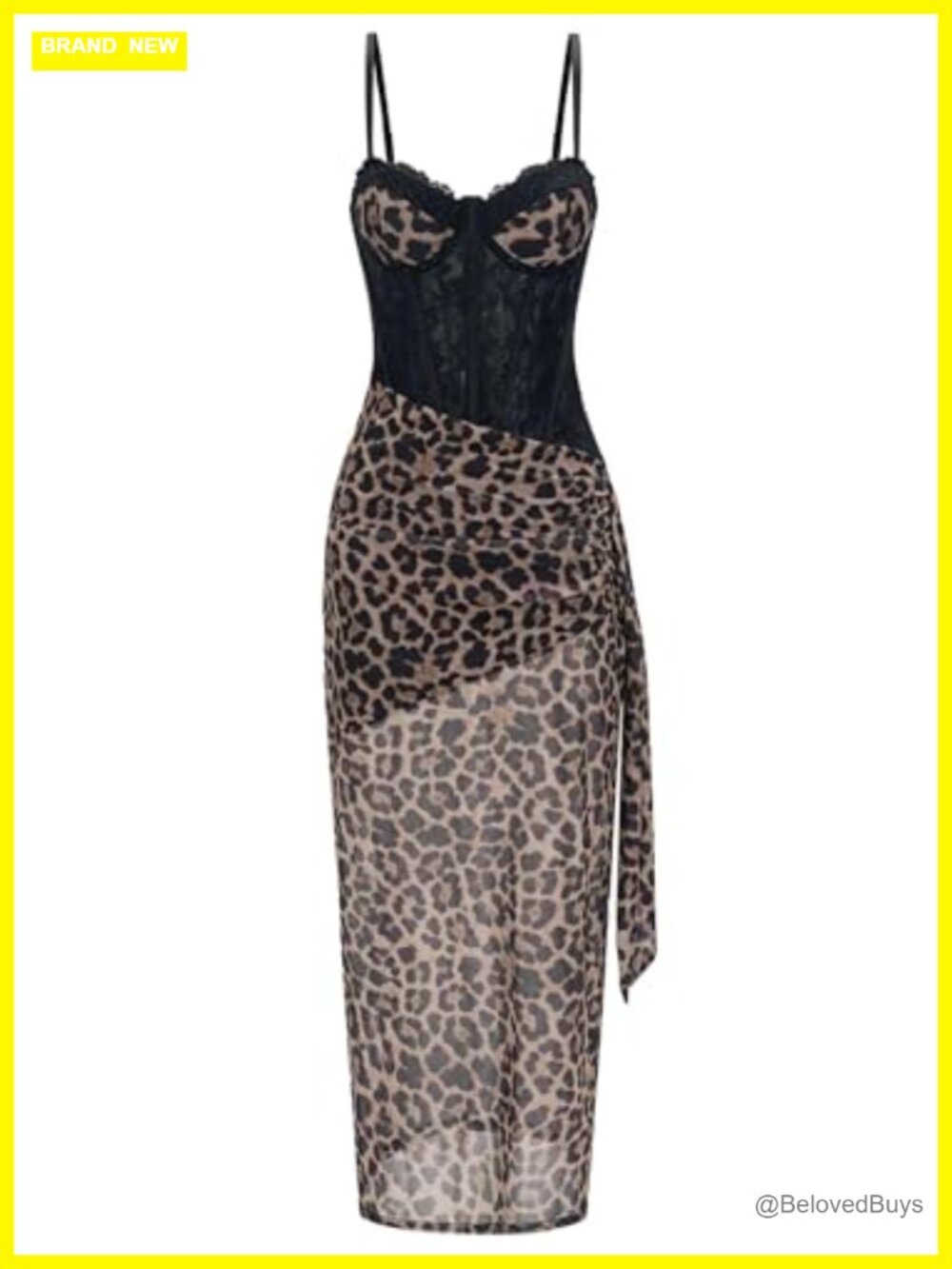 Leopard Print Lace Bustier Slip Maxi Dress Bodycon Spaghetti Strap Sleeveless